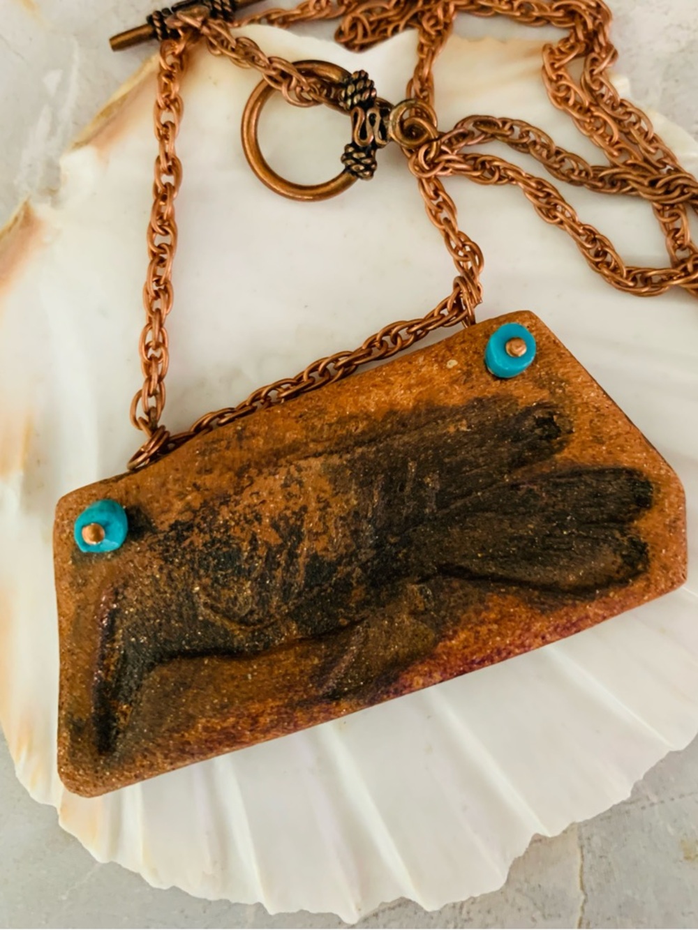 Rustic Terracotta Pendant Copper Necklace with Black Raven or Crow
